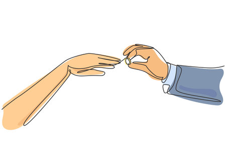 Single one line drawing groom puts ring on finger of bride. Bride and groom make vow of loyalty on their wedding day. Marriage ceremony celebration concept. Modern continuous line draw design graphicのイラスト素材