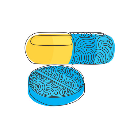 Single continuous line drawing medical pill and tablet icon. Medicine pills or tablets, capsules. Drugs and pills symbol. Swirl curl style. Dynamic one line draw graphic design vector illustrationのイラスト素材
