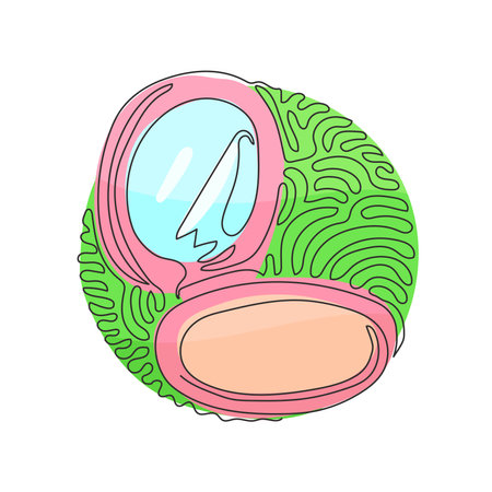 Continuous one line drawing open makeup powder puff box. Compact powder box sketch icon. Beauty and makeup sign symbols. Swirl curl circle background style. Single line draw design vector graphicのイラスト素材