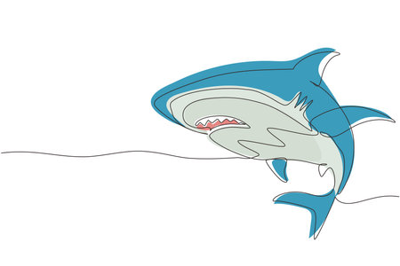 Single one line drawing sharks fish. Shark animals, scary jaws and ocean swimming angry sharks. Marine predator fish or sea sharks creatures character. Continuous line draw design graphic vectorのイラスト素材