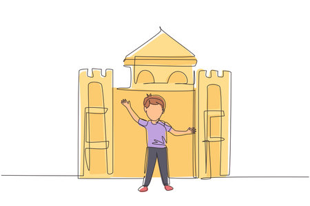 Continuous one line drawing cheerful boy playing in castle made of cardboard boxes. Happy little medieval prince. Creative kid playing castle. Single line draw design vector graphic illustrationのイラスト素材