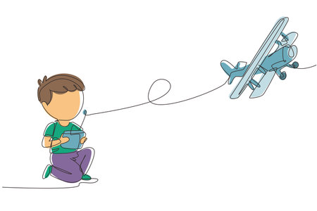 Single one line drawing boy playing with radio control airplane. Smiling kid controlled flying RC aeroplane. Happy childhood, hobby, pastime concept. Modern continuous line draw design graphic vectorのイラスト素材