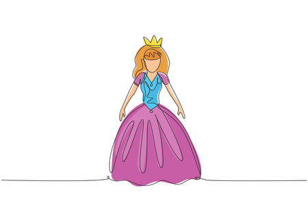 Single one line drawing fairy tale doll princesses. Beautiful fairytale Elf princess. Romantic story. Wonderland. Stuffed toys for girls. Modern continuous line draw design graphic vector illustrationのイラスト素材