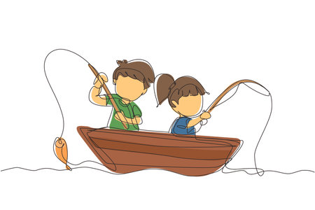Single one line drawing smiling little boys and girls fishing together on boat. Happy children fishing on boat out in the sea. Fisher kids. Continuous line draw design graphic vector illustrationのイラスト素材