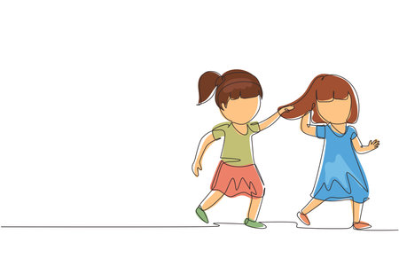 Single continuous line drawing toddler kids girls fighting with one pulling hair of the other. She look of shock and pain. Problem of physical bullying at school. One line draw graphic design vectorのイラスト素材