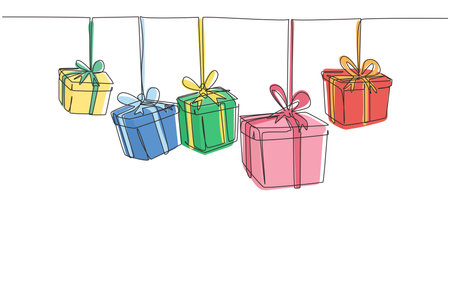 Continuous one line drawing template gifts box with party concept. Bday presents cardboard box or banner template with happy birthday typography. Single line draw design vector graphic illustrationのイラスト素材
