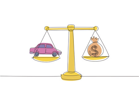 Continuous one line drawing money sack scales concept with a car on one side and sack of money on the other. Sale and purchase new car concept. Single line draw design vector graphic illustrationのイラスト素材