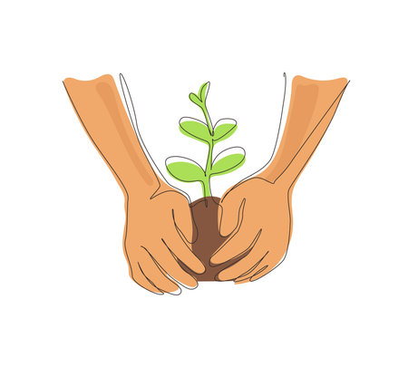 Single one line drawing farmer's hands growing young tree, save world, heal world, love nature. Ecology sapling tree growing up and planting on land. Continuous line draw design vector illustrationのイラスト素材