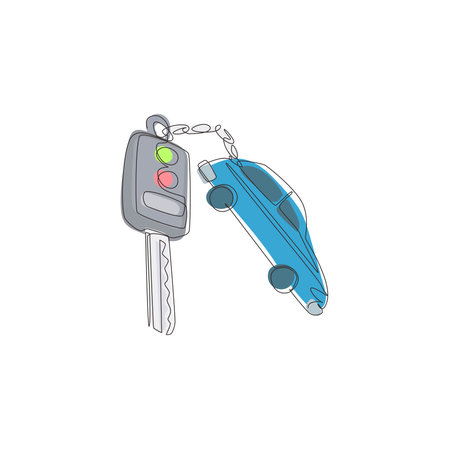 Single one line drawing key car and key ring over the metallic table. Clipping path included. Electronic car key front and back view and alarm system. Modern continuous line draw design graphic vectorのイラスト素材