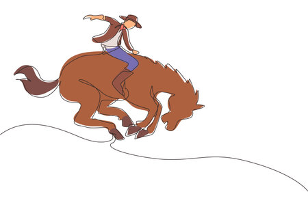 Single one line drawing cowboy taming wild horse at rodeo. cowboy on wild horse mustang. Rodeo cowboy riding wild horse on wooden sign. Modern continuous line draw design graphic vector illustrationのイラスト素材