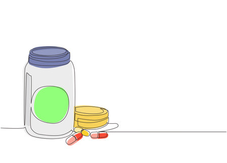 Single continuous line drawing pill bottle. Medical capsules container. Tablet pills medical drug pharmacy care and tablet pills antibiotic pharmaceutical. Dynamic one line draw graphic design vectorのイラスト素材
