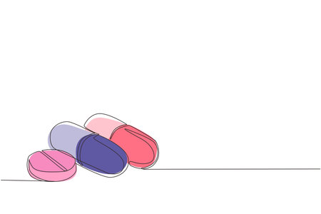 Single one line drawing set of pills and capsules isometric icon. painkillers, antibiotics, vitamins and aspirin. Medical pills icon. Modern continuous line draw design graphic vector illustrationのイラスト素材