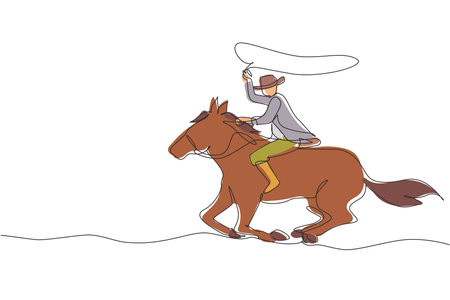 Single continuous line drawing cowboy on horse galloping across dusty field. Cowboy on bucking horse running with lasso. Cowboy with rope lasso on horse. One line graphic design vector illustrationのイラスト素材