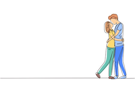 Continuous one line drawing dominant relationship. Romantic couple in love kissing and hugging. Happy man and woman celebrating wedding anniversary. Single line draw design vector graphic illustrationのイラスト素材