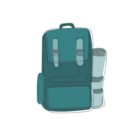Single one line drawing hiking backpacks with sleeping bags. Camp, hike bags and knapsacks. Camping...