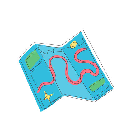 Continuous one line drawing map for traveling in doodle style. Folded paper map with a route. Map...