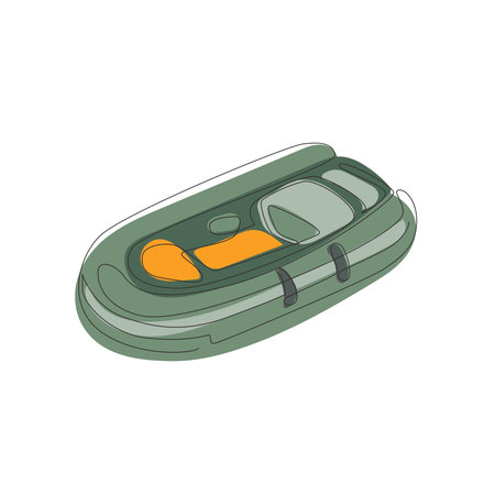 Continuous one line drawing inflatable boat. Rubber boat blowing by air. Summer joy equipment for relaxing, leisure summer time. Water sport kit. Lifeguard rescue tool. Single line draw design vectorのイラスト素材