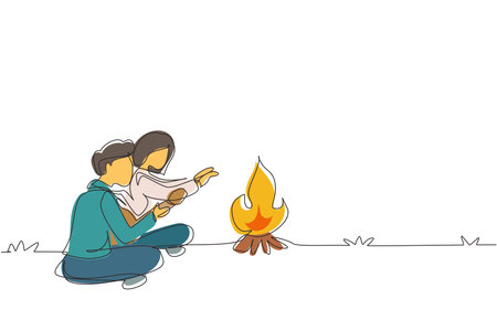 Single continuous line drawing romantic couple camping around campfire tents. Man woman warm their hands near bonfire sitting on ground. Nature trip. One line draw graphic design vector illustrationのイラスト素材