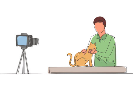 Single one line drawing teenage pet blogger. Teen boy with cat recording video on camera. Hobbies and leisure, blogging about pet, animal lover. Continuous line draw design graphic vector illustrationのイラスト素材