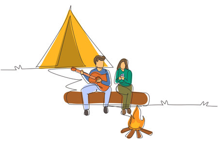 Single one line drawing couple hikers sitting on log of wood near campfire in forest. Woman drinking hot tea, man playing guitar, camping gear and backpack. Continuous line draw design graphic vectorのイラスト素材