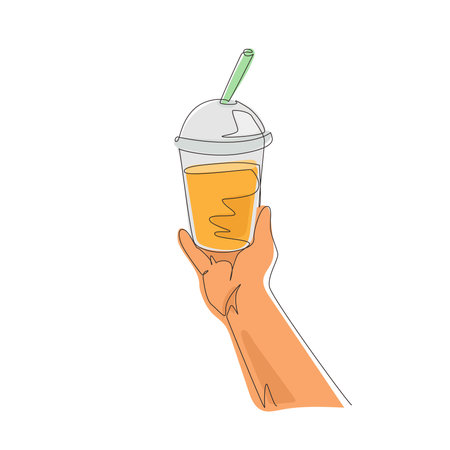 Single one line drawing hand holding plastic cup of famous Taiwanese bubble tea. Take away glass with sticker of pearl milk tea. Street Asian drinks at night market. Continuous line draw design vectorのイラスト素材