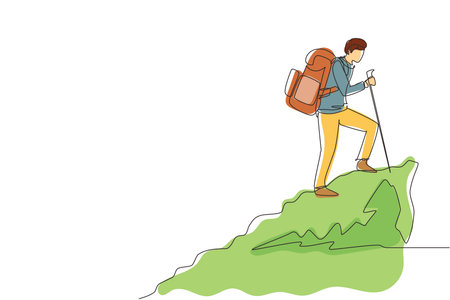 Single continuous line drawing young hiker with backpack on top of mountain. Trekking man simple sketch, Outdoor activity. Happy hikers, tourists or climbers. One line draw design vector illustrationのイラスト素材
