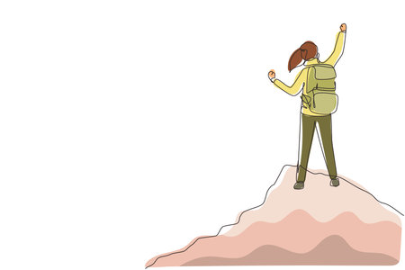 Single one line drawing cheerful woman rising hands after climbing a peak of mountain. Concept of happy success achieving goals theme. Modern continuous line draw design graphic vector illustrationのイラスト素材
