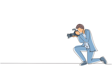 Single one line drawing photographer man male taking pictures. Photo equipment for journalist. Camera digital with high resolution. Studio photography. Continuous line draw design vector illustrationのイラスト素材