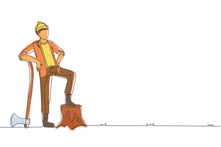 Single continuous line drawing smiling lumberjack wearing workwear and beanie hat, standing with axe and posing with one foot on a tree stump. Dynamic one line draw graphic design vector illustrationのイラスト素材
