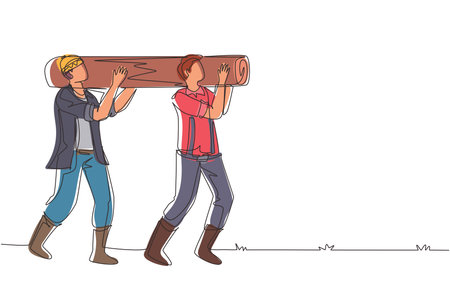 Single continuous line drawing couple of lumberjack laborers carrying heavy wooden log on shoulders in forest. Woodcutters working in wood logging industry. One line draw design vector illustrationのイラスト素材