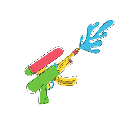 Single one line drawing water gun illustration. Plastic summer toy. Toy design for children. Gun with water splash. Flat isolated on white background. Modern continuous line draw design graphic vectorのイラスト素材
