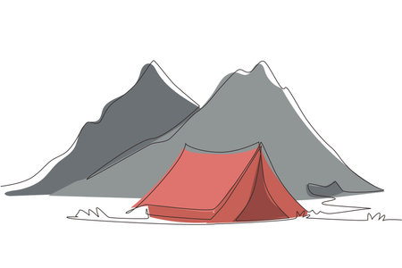Single one line drawing adventure camping night landscape. Tent, campsite, pine forest and rocky mountains. Sports, hiking, camping, outdoor recreation. Continuous line draw design vector illustrationのイラスト素材