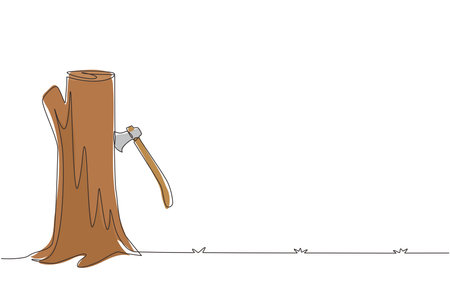 Single continuous line drawing hatchet in beside tree stump. A tree stump with an axe stuck. Forest, camping concept. Axe in stuck at stump. Dynamic one line draw graphic design vector illustrationのイラスト素材