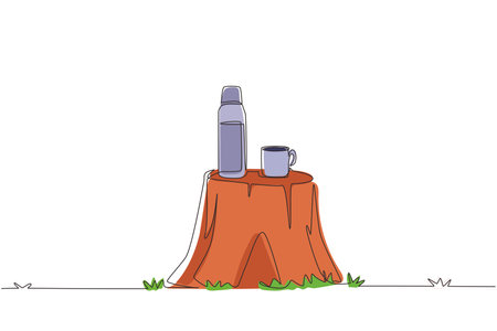 Single continuous line drawing thermos mug with hot drink on log table. Steam comes from the mug. Vacuum thermos stands on tree stump in the wild. One line draw graphic design vector illustrationのイラスト素材