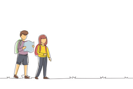 Single one line drawing little boy and girl goes camping in nature. Kids holding map, hiking, backpacks, maps, mats, compass. Family leisure concept. Modern continuous line draw design graphic vectorのイラスト素材