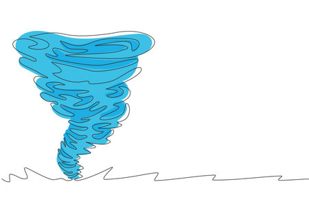 Single continuous line drawing tornado of water. Rotating twister. Splash of water vortex and twisted shape. Whirlpool of water, swirl on white isolated. One line draw design vector illustrationのイラスト素材