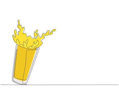 Continuous one line drawing glass of spilling juice with splash. Glass of splashing fresh orange juice. Splash refreshment orange juice from glass. Single line draw design vector graphic illustrationのイラスト素材