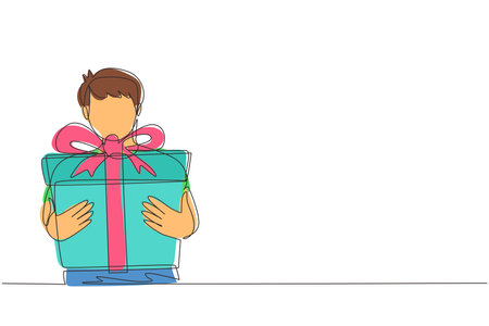 Single continuous line drawing kid holding big ribbon bow wrapped gift box in front of his in arms. Little boy carries holiday gift box with bow in his hands. One line draw design vector illustrationのイラスト素材