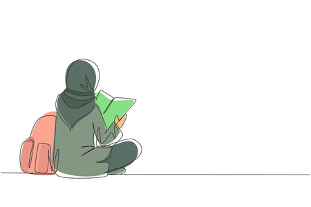 Single continuous line drawing back view young Arabian woman sitting on floor reading book. College student prepare to exam, back to school gaining knowledge. One line draw design vector illustrationのイラスト素材