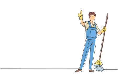 Single continuous line drawing smiling male cleaning company staff member holding broom and showing thumbs up gesture. Happy cleaning. Cleaning company . One line draw design vector illustrationのイラスト素材