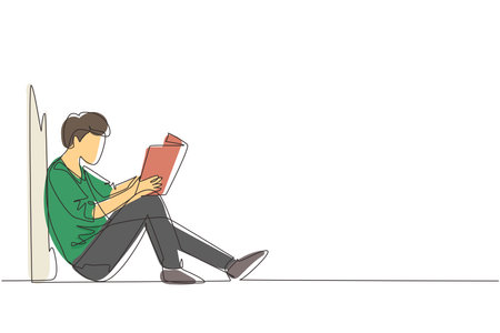 Continuous one line drawing young man sit on the floor, reclined on wall of library, read book. Guy studying and reading textbooks. Reader sitting on floor and learning. Single line draw design vectorのイラスト素材