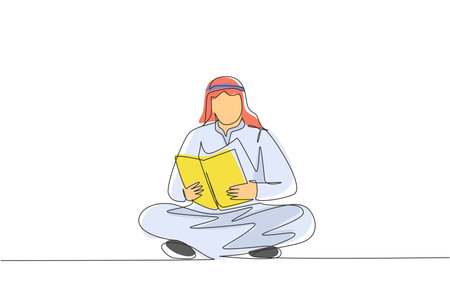 Continuous one line drawing Arab man is sitting on floor reading book. Student is preparing for the exam, applicant is preparing for admission, book lover is reading. Single line draw design vectorのイラスト素材