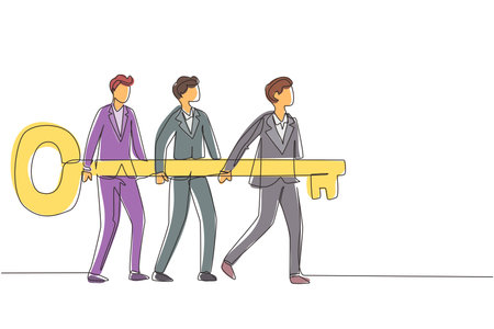 Single continuous line drawing problem solving team of business man with a key solution concept. Businessmen carry big golden key. Build creative people world collection. One line draw design vectorのイラスト素材