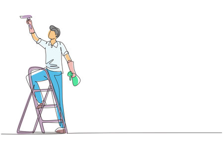 Continuous one line drawing cleaner standing on ladder, washing with sponge. Cleaning service, cleaning tools, washing sponge, house cleaning and housework. Single line draw design vector illustrationのイラスト素材