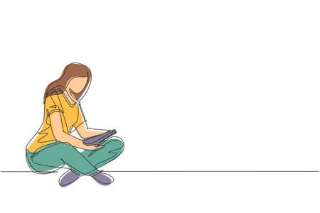 Single continuous line drawing cute lady sitting on floor, reading book. Adorable young woman spending weekend at home. Leisure activity, repose, relaxation. One line draw design vector illustrationのイラスト素材