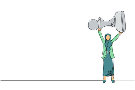 Single one line drawing Arab businesswoman holding, lifting pawn chess piece. Successful entrepreneurship tactics or strategy, superiority in business. Continuous line draw design vector illustrationのイラスト素材