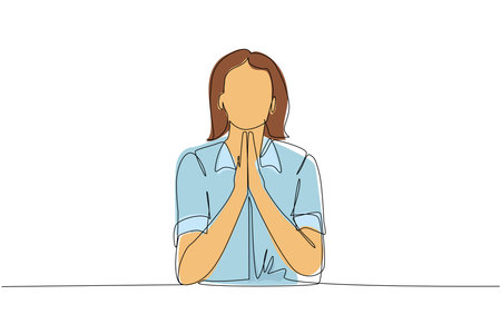 Continuous one line drawing young woman in closed eyes praying hands together. Trendy person holding palms in prayer. Human emotion, body language. Single line draw design vector graphic illustrationのイラスト素材