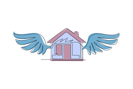 Single continuous line drawing flying house logo with wings as icon for any business especially for house business, real estate, architecture, construction, mortgage, rent. One line draw design vectorのイラスト素材
