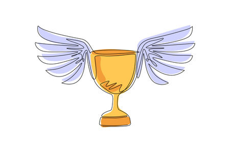 Continuous one line drawing winning trophy with wings design, winner first position competition success sport best leadership compete and challenge theme. Single line draw design vector illustrationのイラスト素材