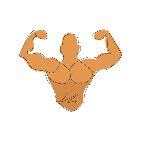 Single continuous line drawing bodybuilder icon, fitness and bodybuilding theme. Fitness gym logo design template weightlifting. Sport fitness club. One line draw graphic design vector illustrationのイラスト素材